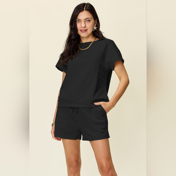 Double Take Full Size Texture Short Sleeve T-Shirt and Drawstring Shorts Set - Picture 1 of 5